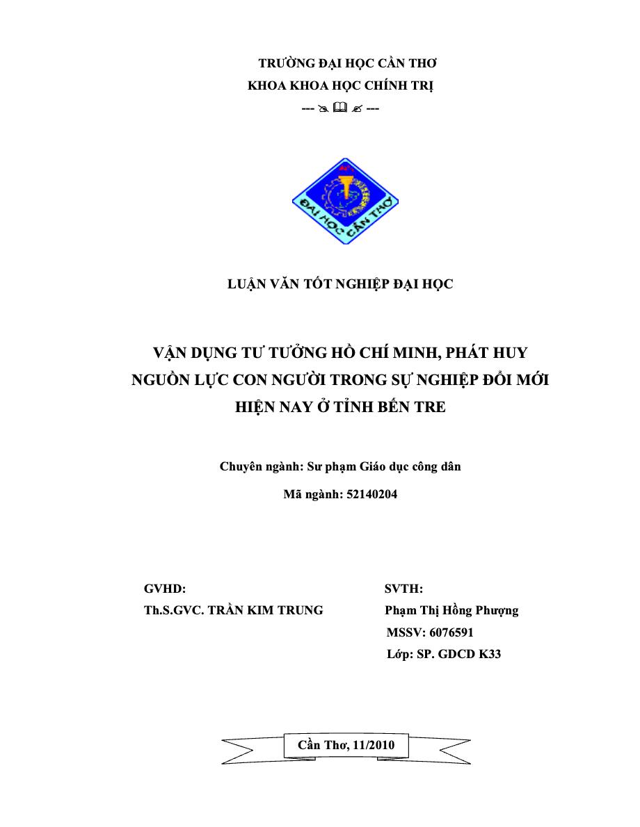 Vận dụng tư tưởng Hồ Chí Minh - phát huy nguồn lực con người trong sự nghiệp đổi mới hiện nay ở tỉnh Bến Tre